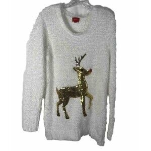 L Joyland White Women’s Reindeer Pullover Christmas Sweater Scoop Neck